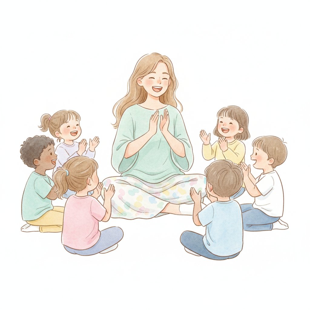 Watercolor of a cheerful teacher and preschoolers singing and clapping at circle time