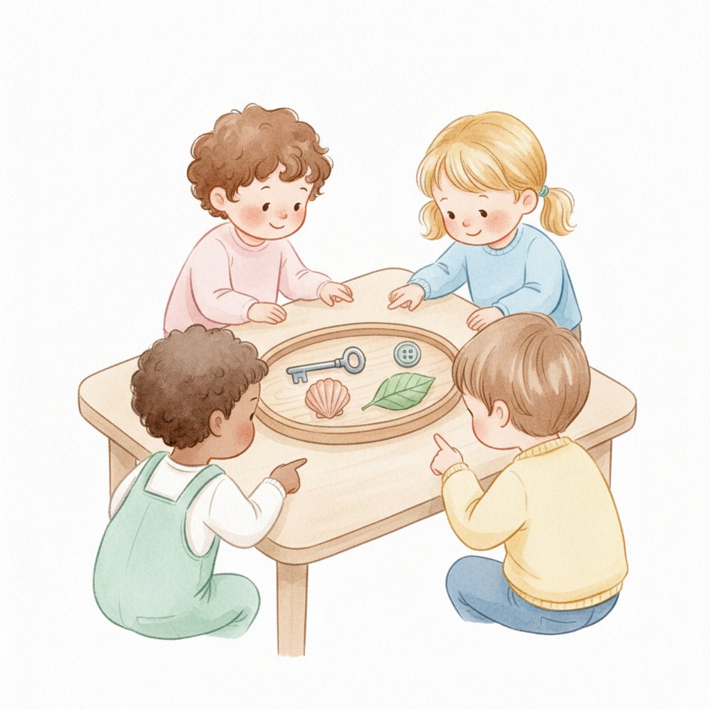 Watercolor of cheerful preschoolers studying a tray of small objects to memorize them