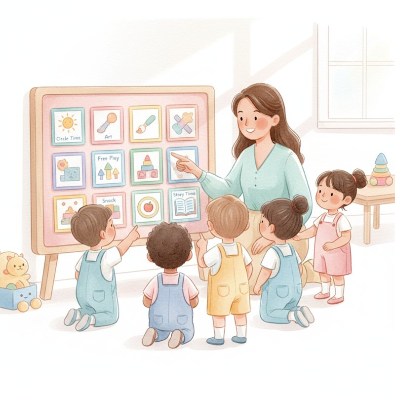 Kindergarten classroom with a teacher and children at a colorful visual daily schedule board