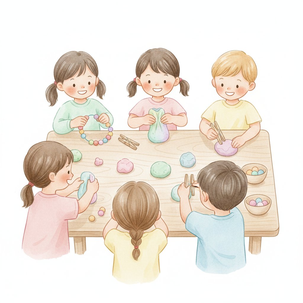 Children doing hands-on fine motor play with beads, play dough and clothespins, soft watercolor