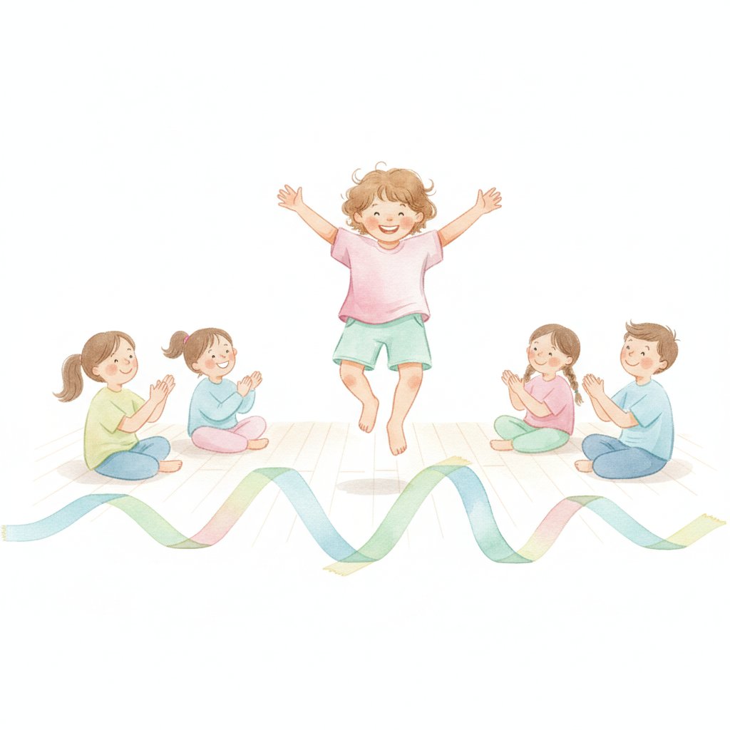 A child hopping along a floor number line while other children clap