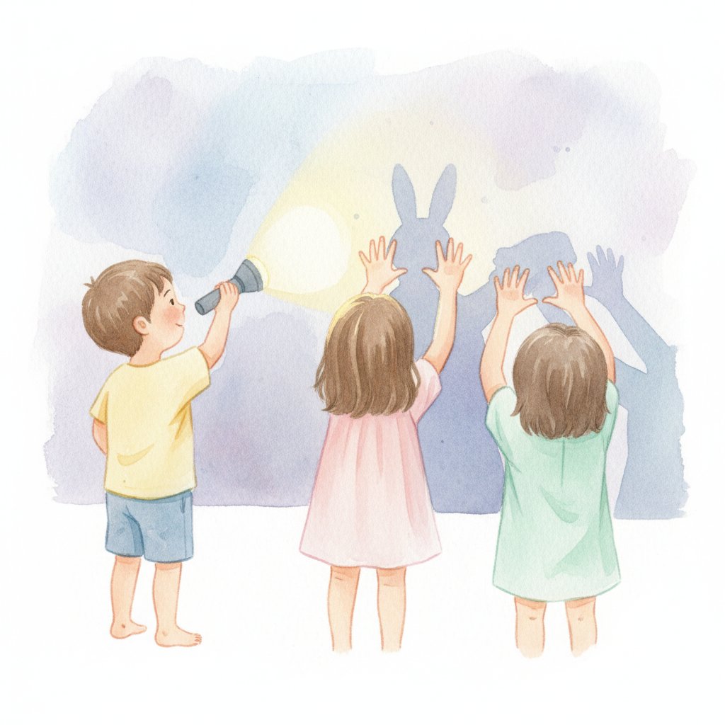children making playful hand-shadow shapes on the wall with a flashlight