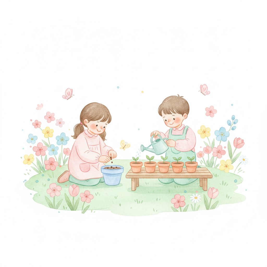 Children planting seeds and watering sprouts among spring blossoms