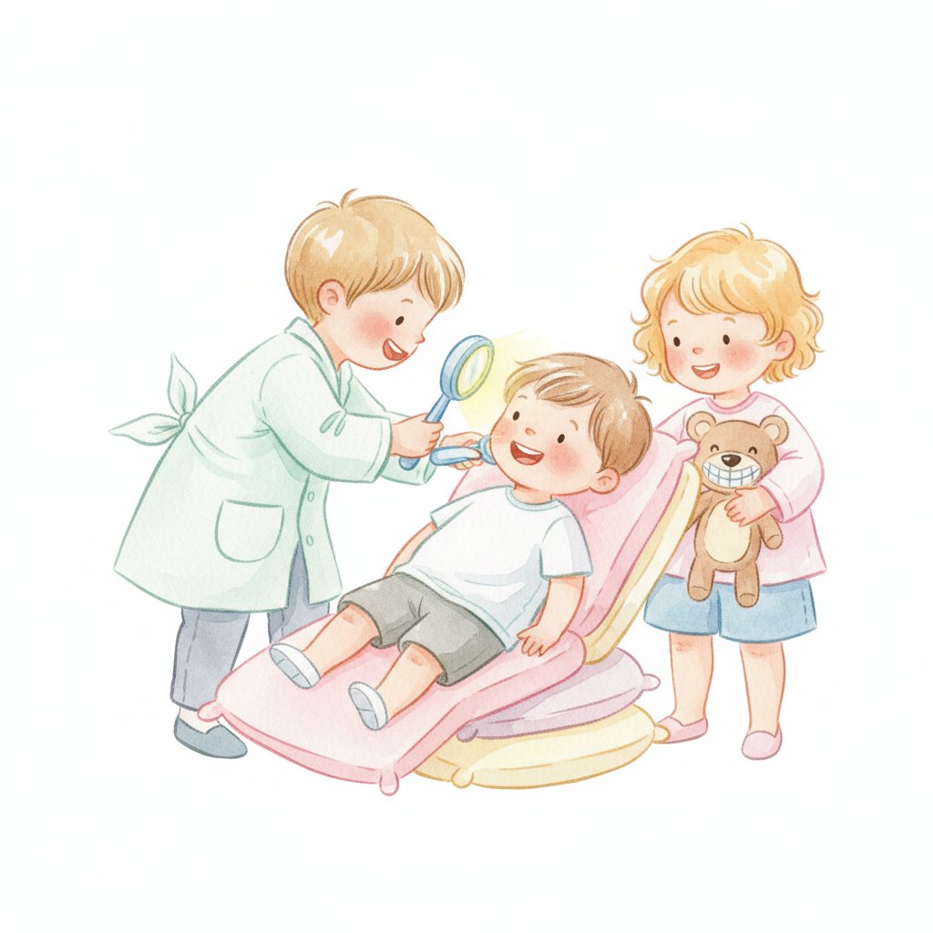 Watercolor illustration of preschoolers playing dentist, one checking a friends teeth with a toy mirror in a pretend chair