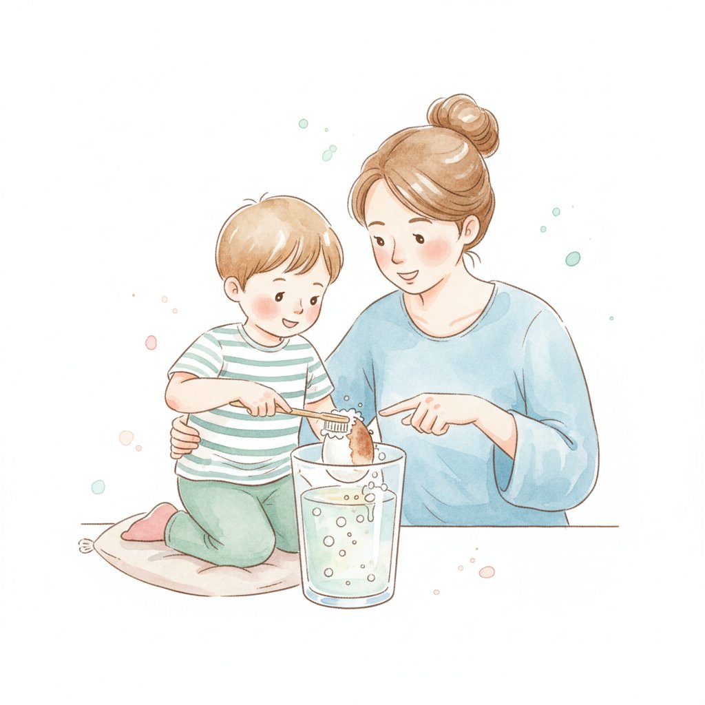 Watercolor illustration of a child and parent doing the egg science experiment, brushing a stained egg clean