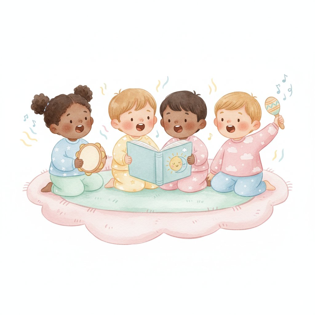 Young children reading a picture book and singing with simple instruments