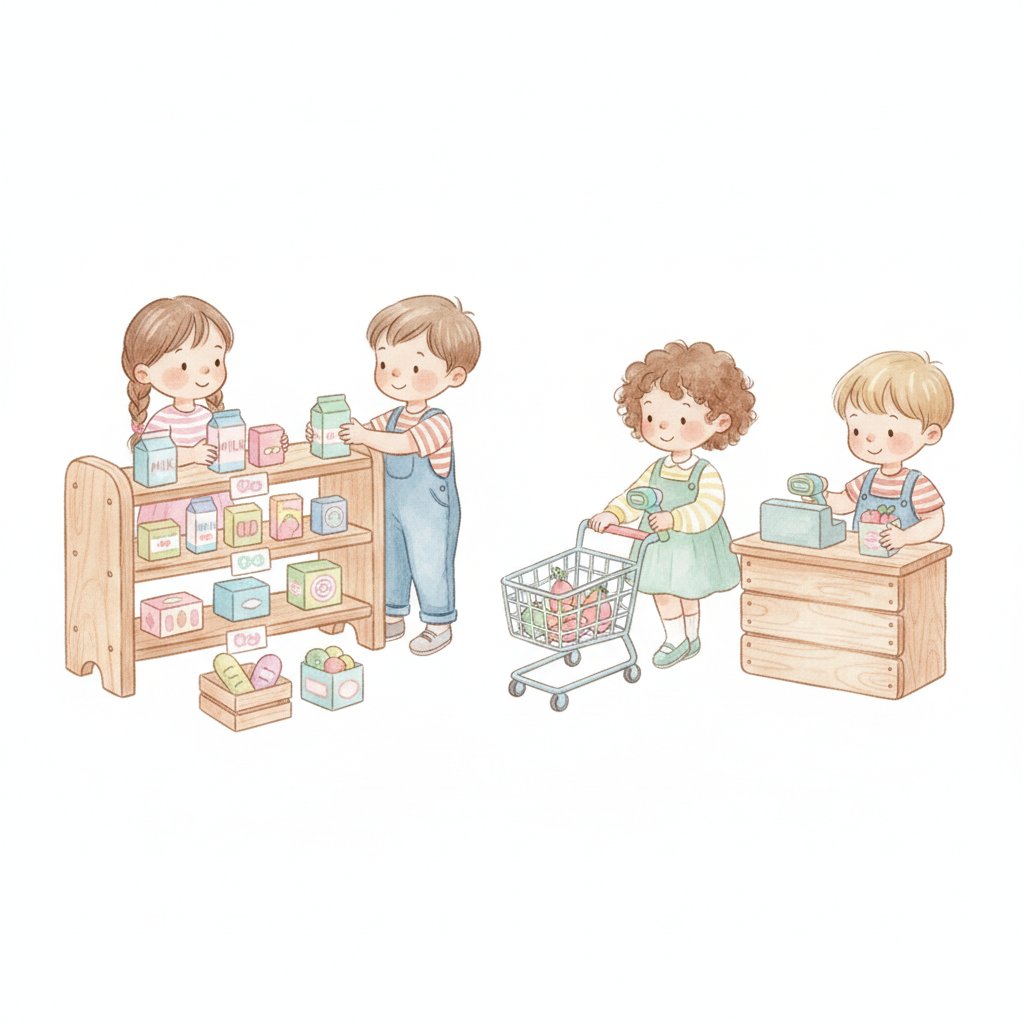 Watercolor of cheerful preschoolers setting up a pretend grocery store with shelves and price tags