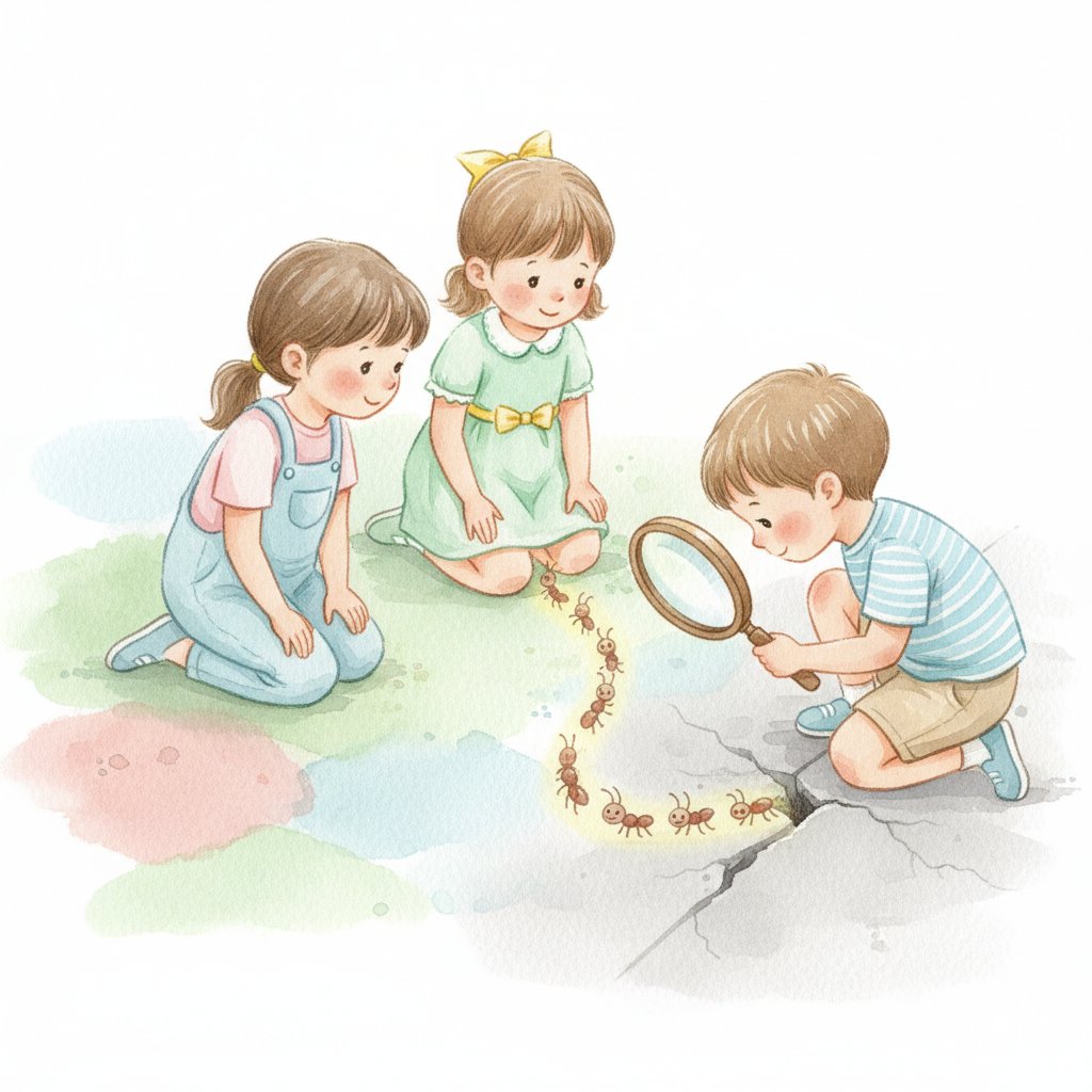 Children following a trail of ants on a playground with a magnifying glass