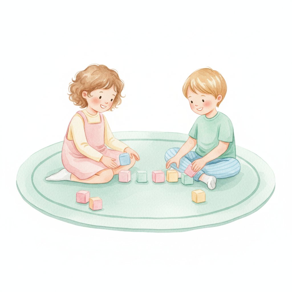 Watercolor illustration of children arranging colorful blocks in a row