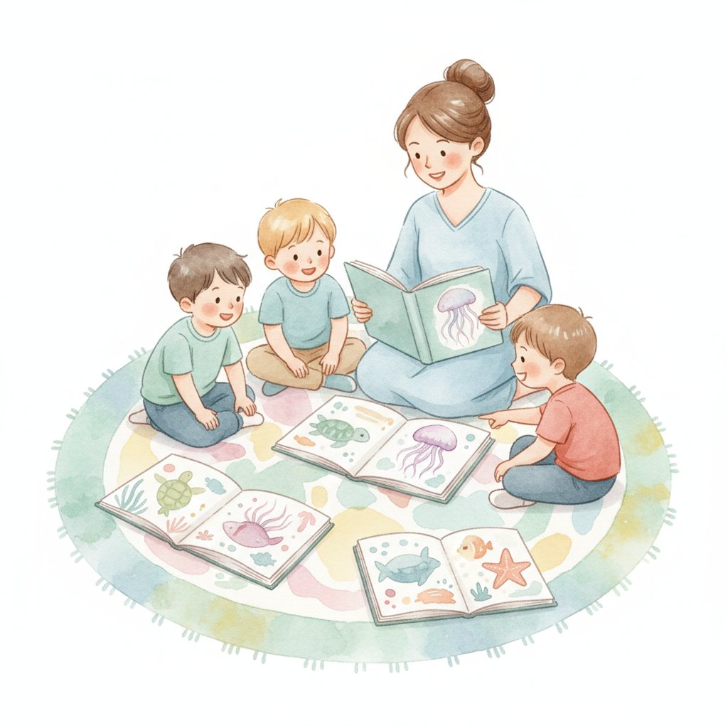 Watercolor illustration of preschoolers and a teacher looking at ocean picture books, pointing at a jellyfish