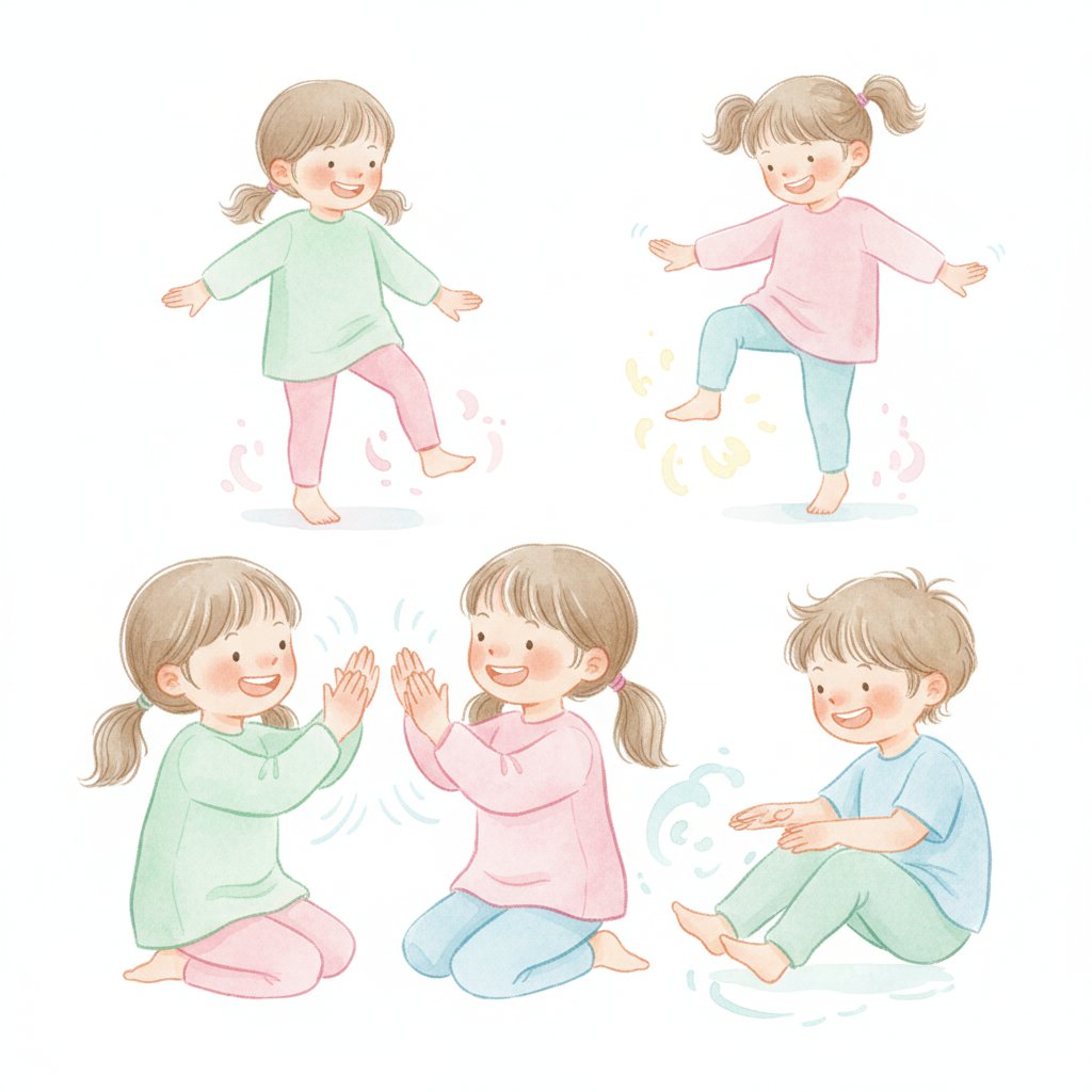 Watercolor of cheerful preschoolers making body percussion — clapping, patting and stomping