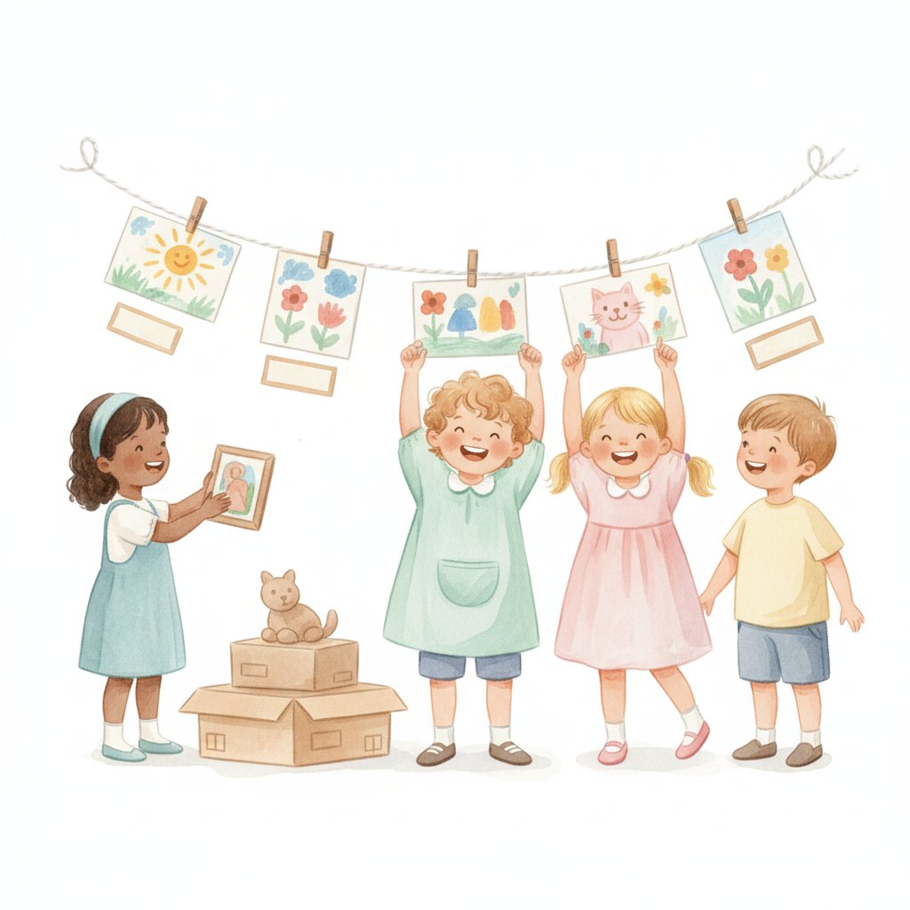 Watercolor of cheerful preschoolers hanging artwork on a string gallery wall with labels