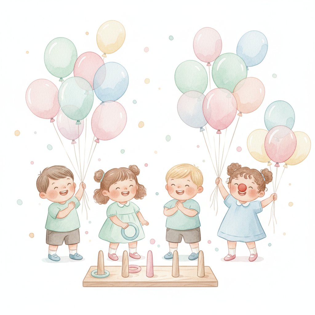 preschoolers enjoying a pretend carnival with balloons and a ring toss