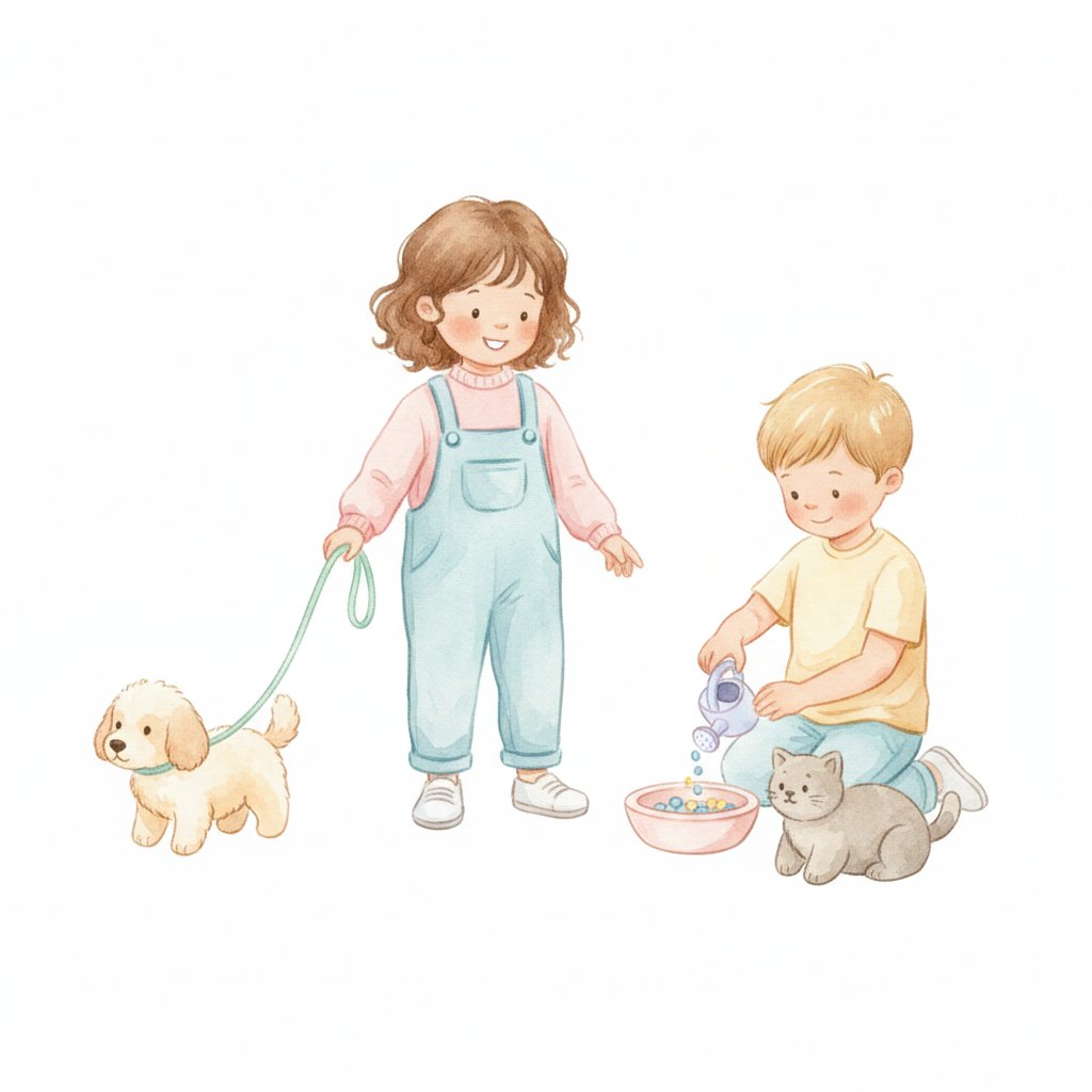 Watercolor illustration of children caring for toy pets, walking a stuffed dog on a leash and filling a food bowl