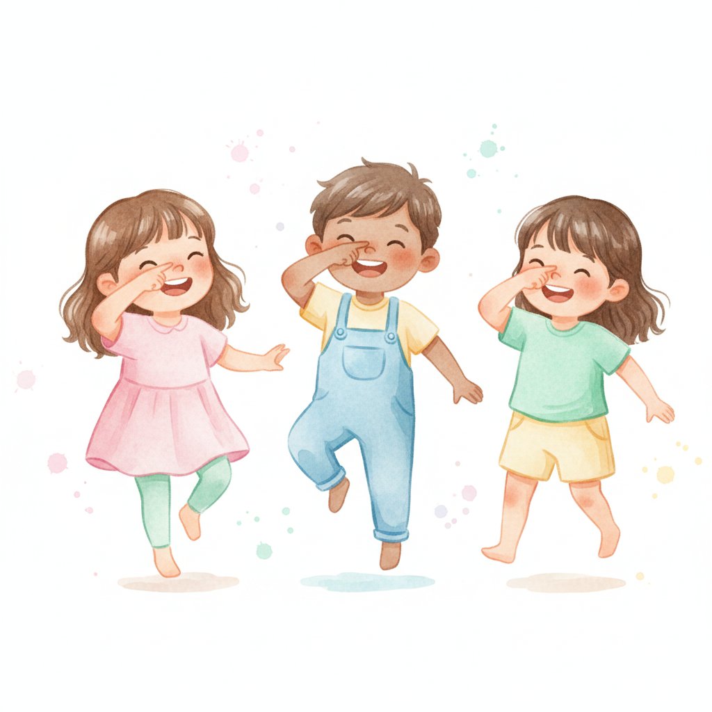 Preschoolers playing Simon Says, touching their noses and hopping