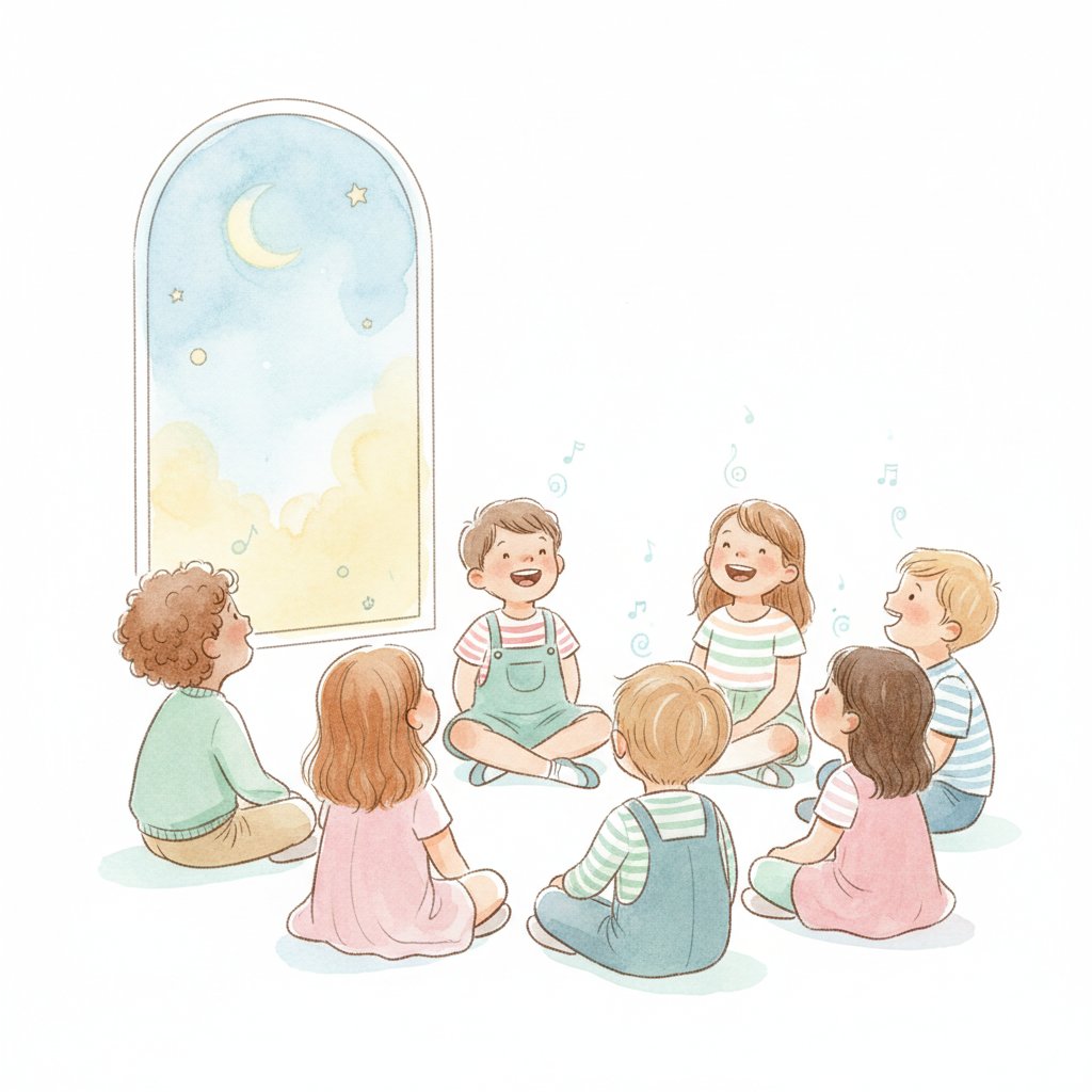 Children singing a weather song in a circle near a window