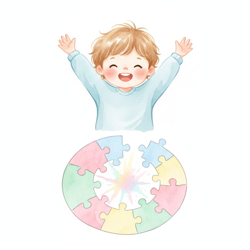 Watercolor illustration of a child joyfully completing a colorful jigsaw puzzle with arms raised