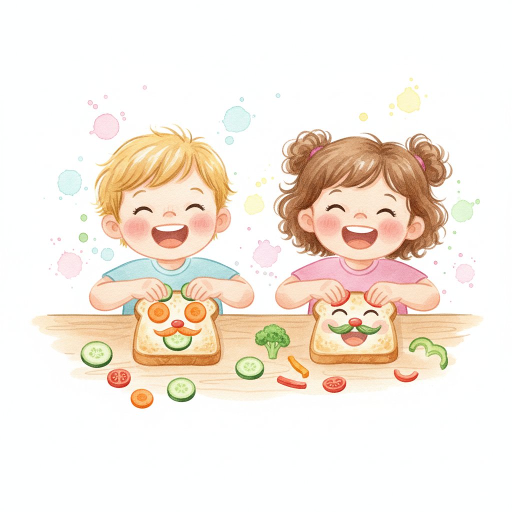 Children making creative faces on bread with colorful vegetable pieces