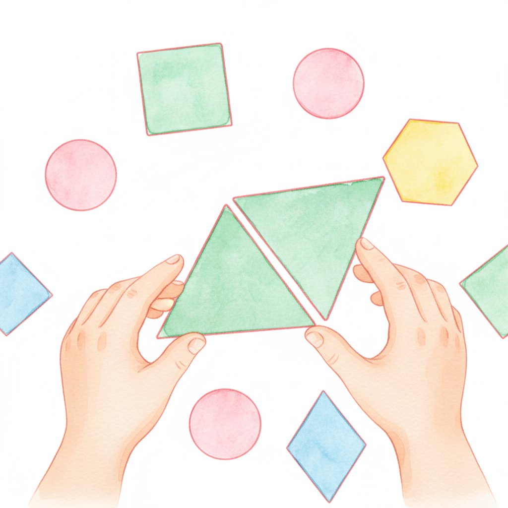Watercolor illustration of small hands fitting triangle blocks together among colorful pattern blocks