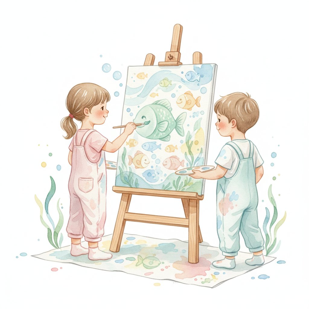 Children painting colorful fish and an underwater ocean scene