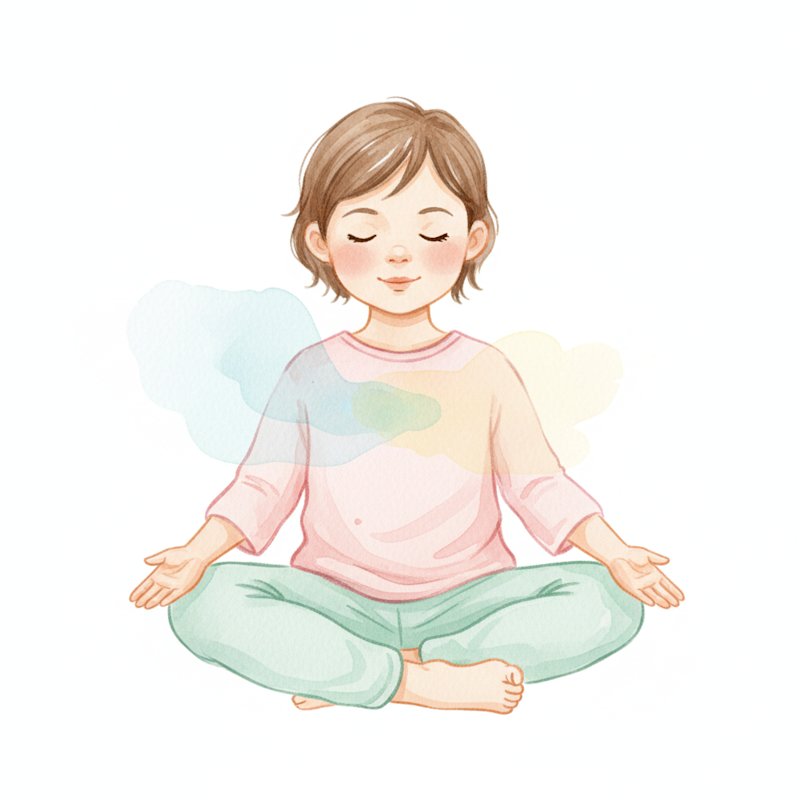 Watercolor illustration of a peaceful young child sitting cross-legged taking a calm deep breath