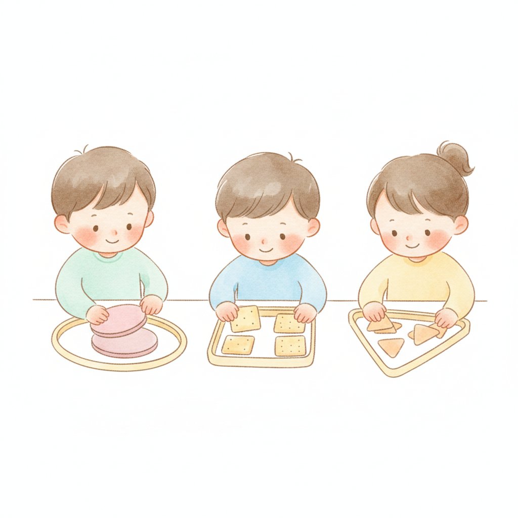 Children sorting objects by shape into trays