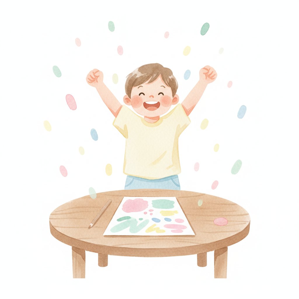 A beaming child celebrating beside a finished sheet of paper