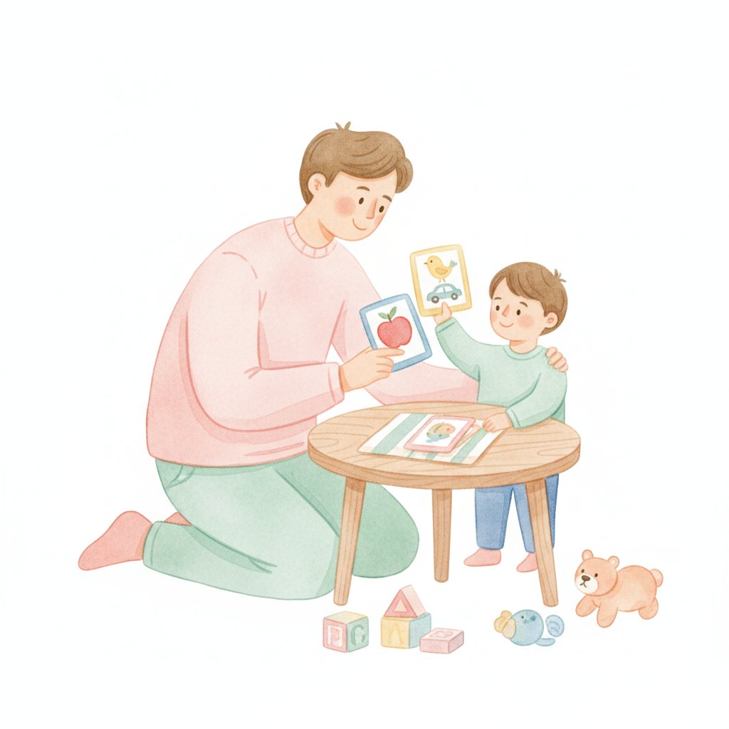 A patient parent gently encouraging a young child holding picture cards at a cozy table