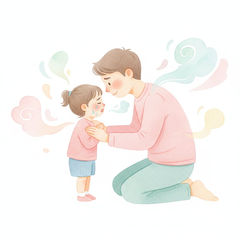 a parent gently helping an upset preschooler take slow calming breaths