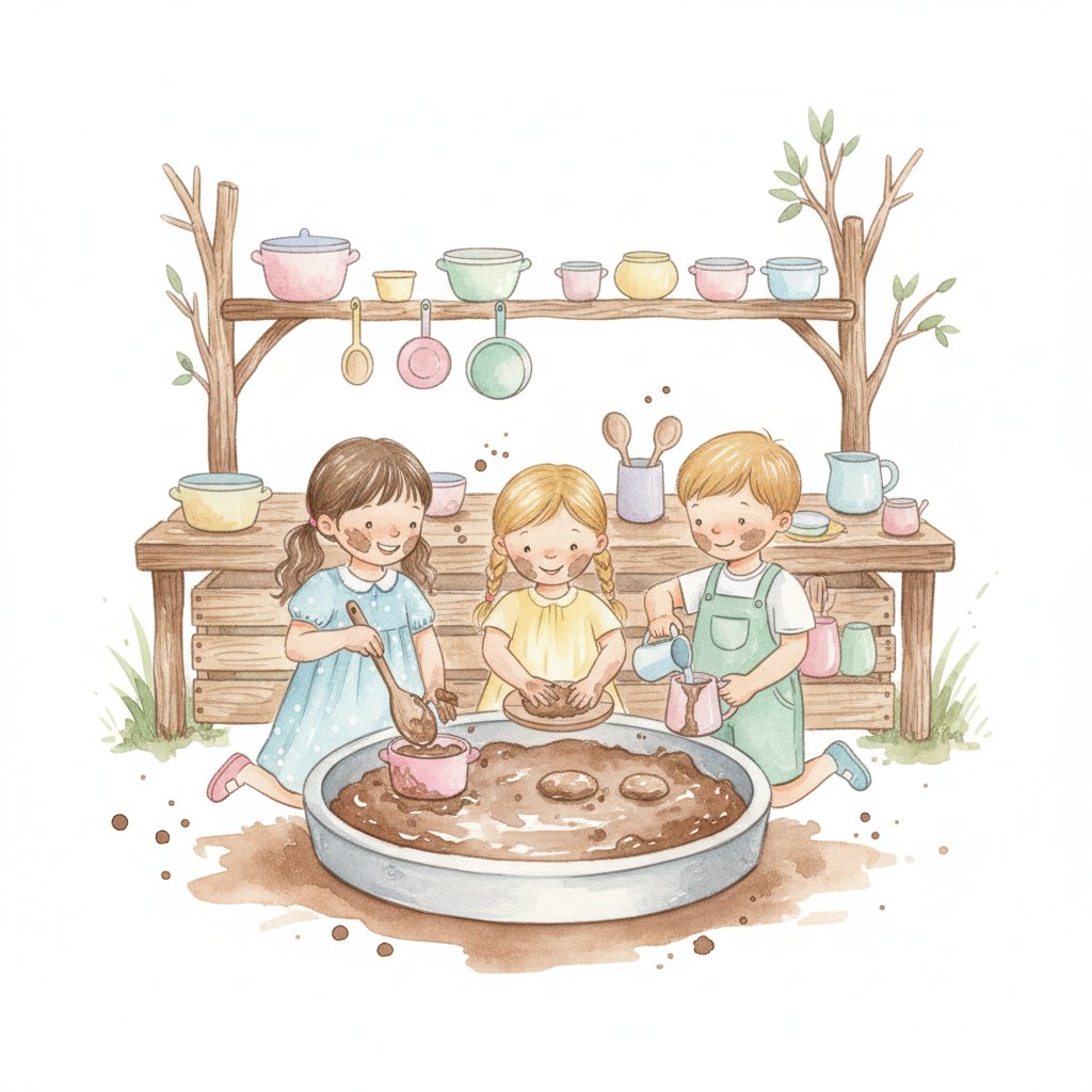 Children making mud pies in an outdoor mud kitchen with pots and spoons