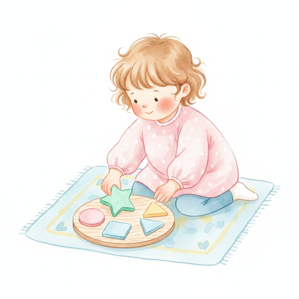 Watercolor illustration of a child placing a puzzle piece into a board