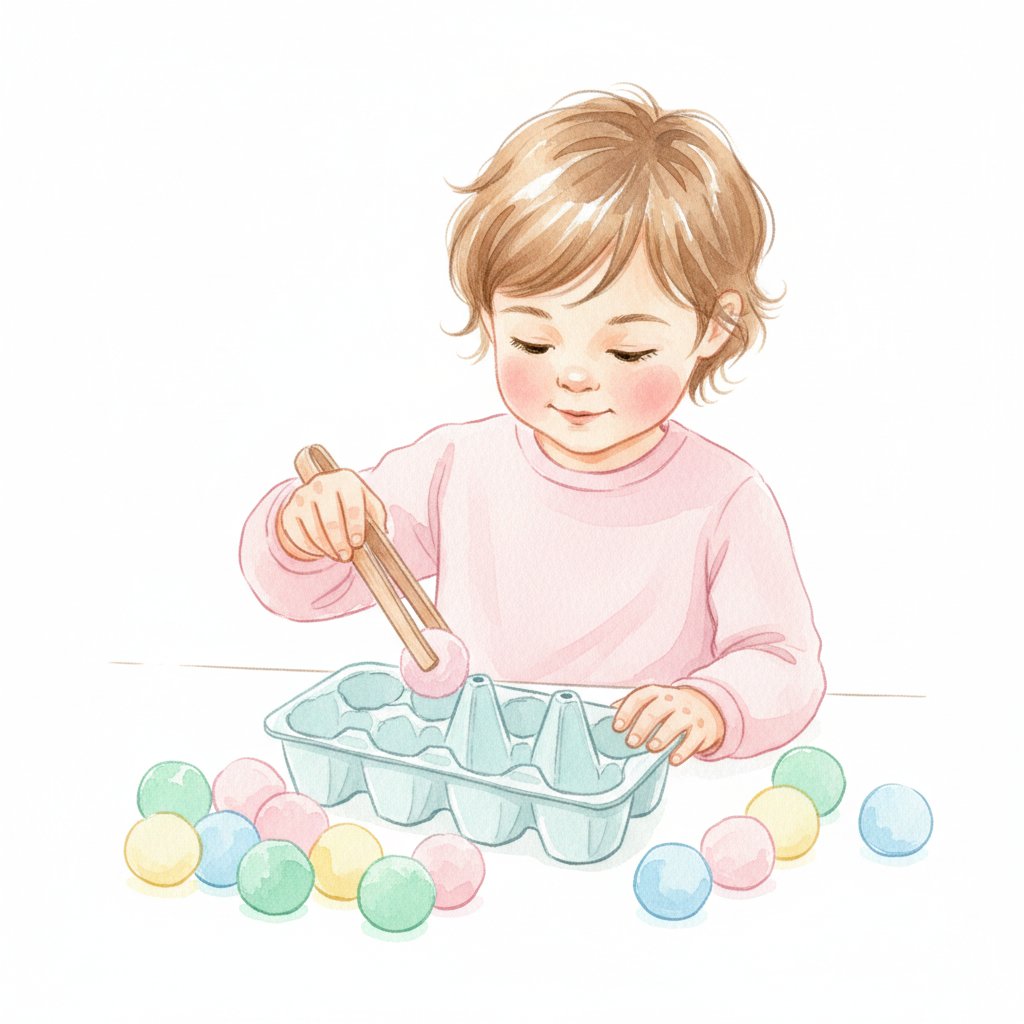 A child using tongs to transfer pom-poms into an egg carton