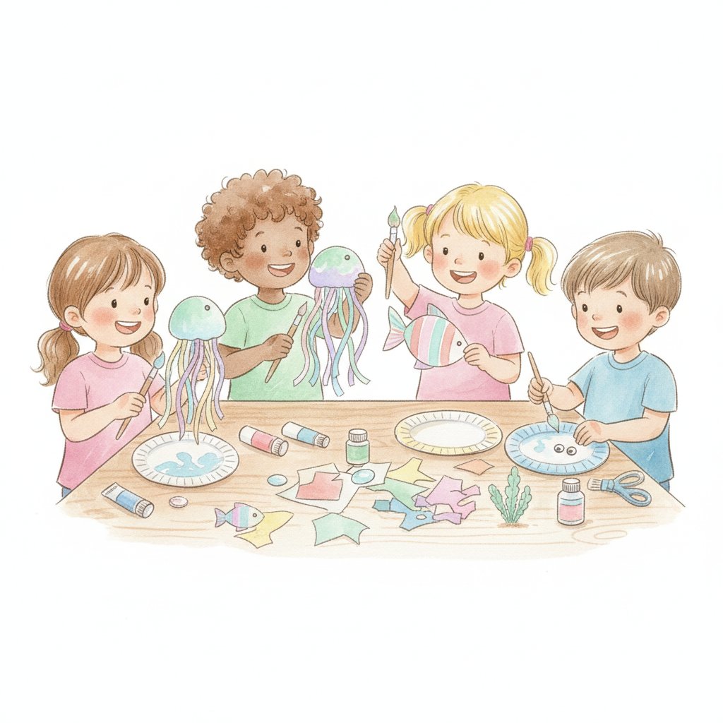 Watercolor illustration of preschoolers making ocean crafts, painting paper-plate jellyfish and paper fish