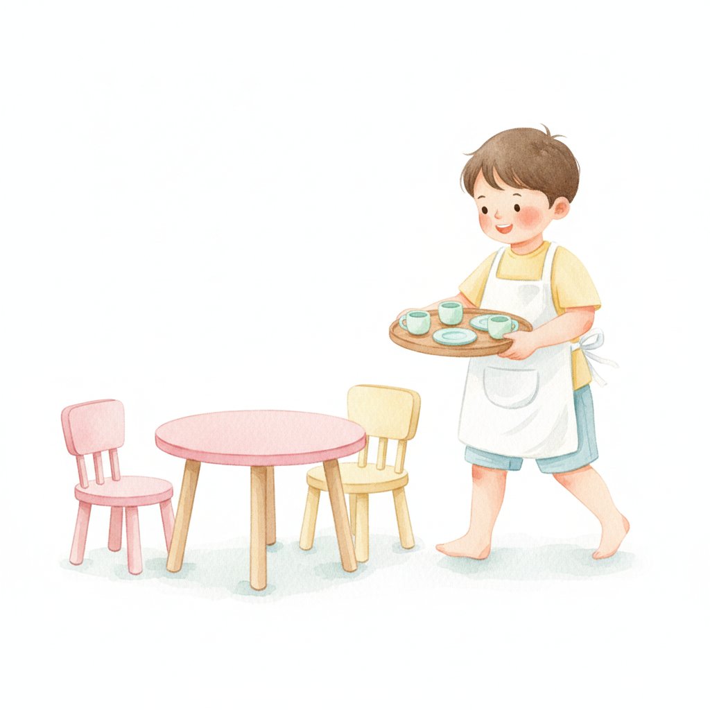 A young child carefully carrying a tray of plates and cups as a pretend restaurant server