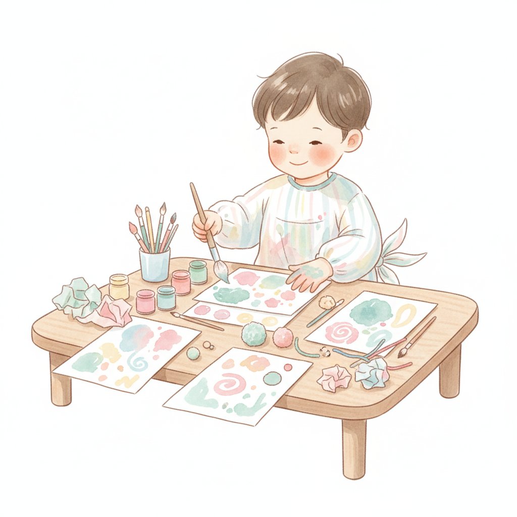 A child exploring art and craft materials at a table