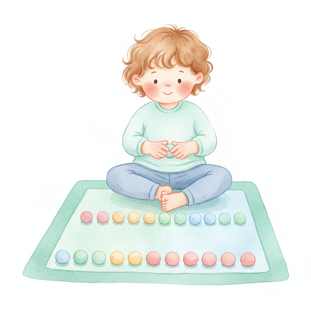 Watercolor illustration of a child arranging small playdough balls in rows