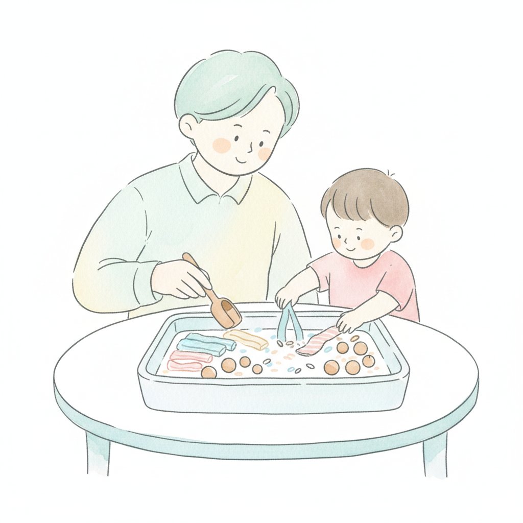 A parent and child exploring a sensory bin together