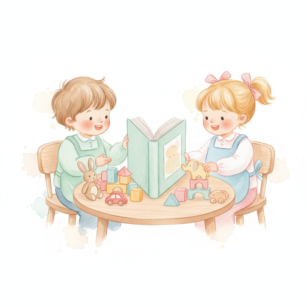 Two children playing a barrier game, one giving directions across an upright book