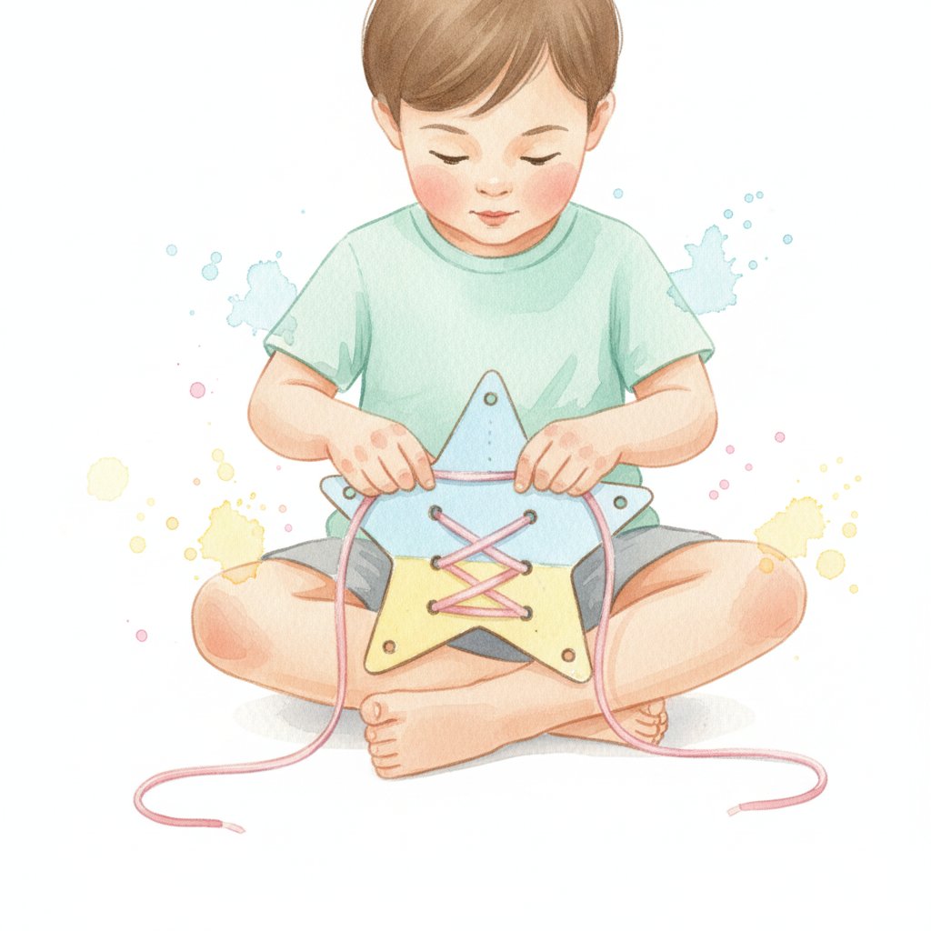 A young child threading a shoelace through a lacing card, soft watercolor