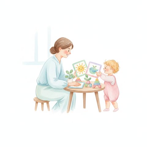 Watercolor illustration of a parent and child practicing with picture cards at a cozy table