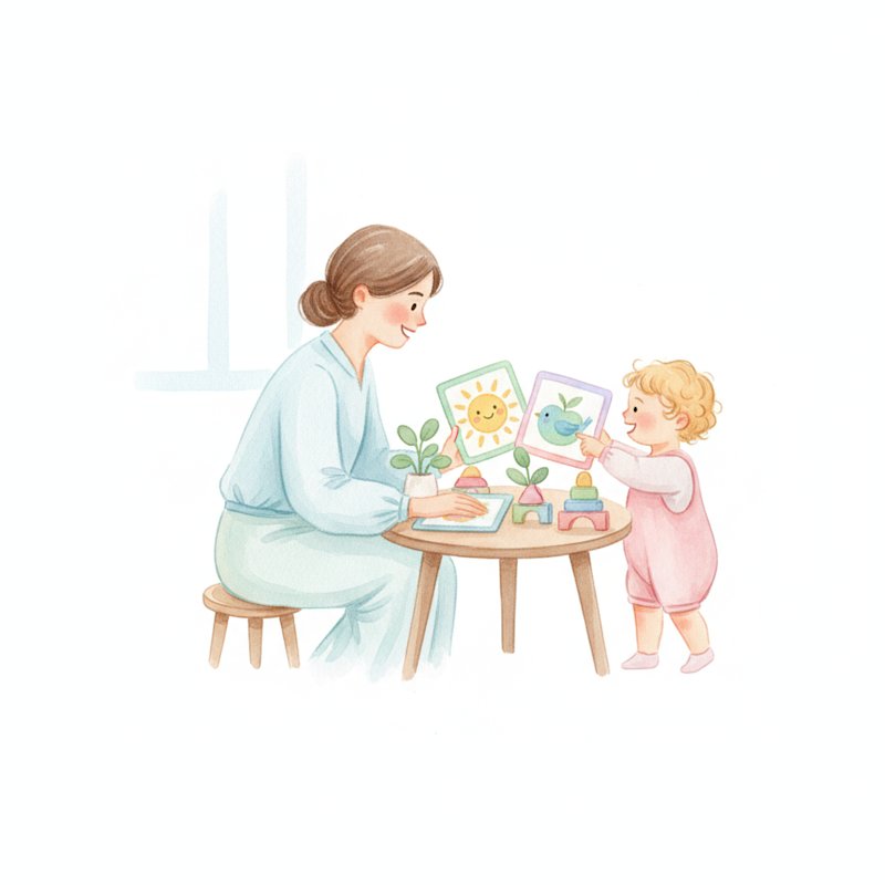 Watercolor illustration of a parent and child practicing with picture cards at a cozy table