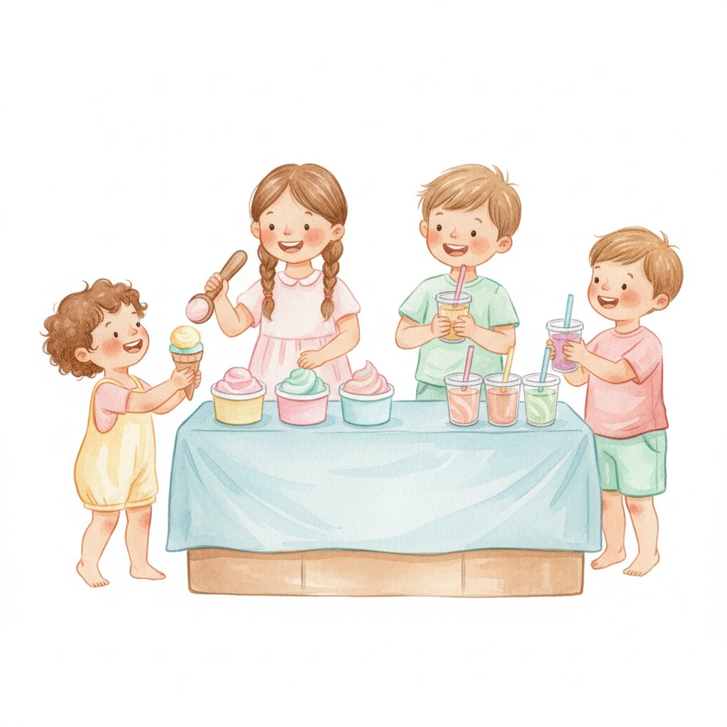 Cheerful young children running a pretend ice cream and smoothie stand, scooping colorful cones and serving fruity drinks