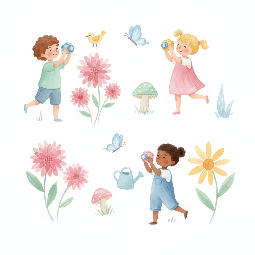 Watercolor illustration of children on a photo scavenger hunt outdoors