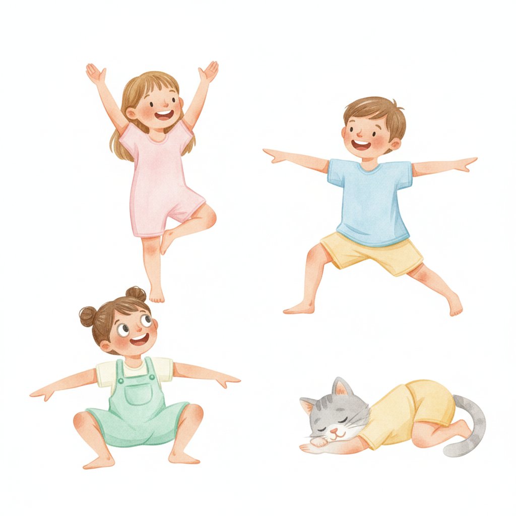 Children frozen in playful poses during a yoga freeze-dance game