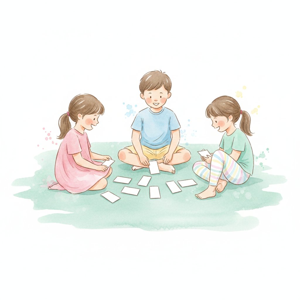 Children playing a memory card matching game on the floor