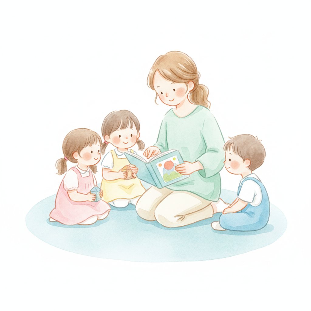 a warm teacher kneeling to gently guide a small group of preschoolers