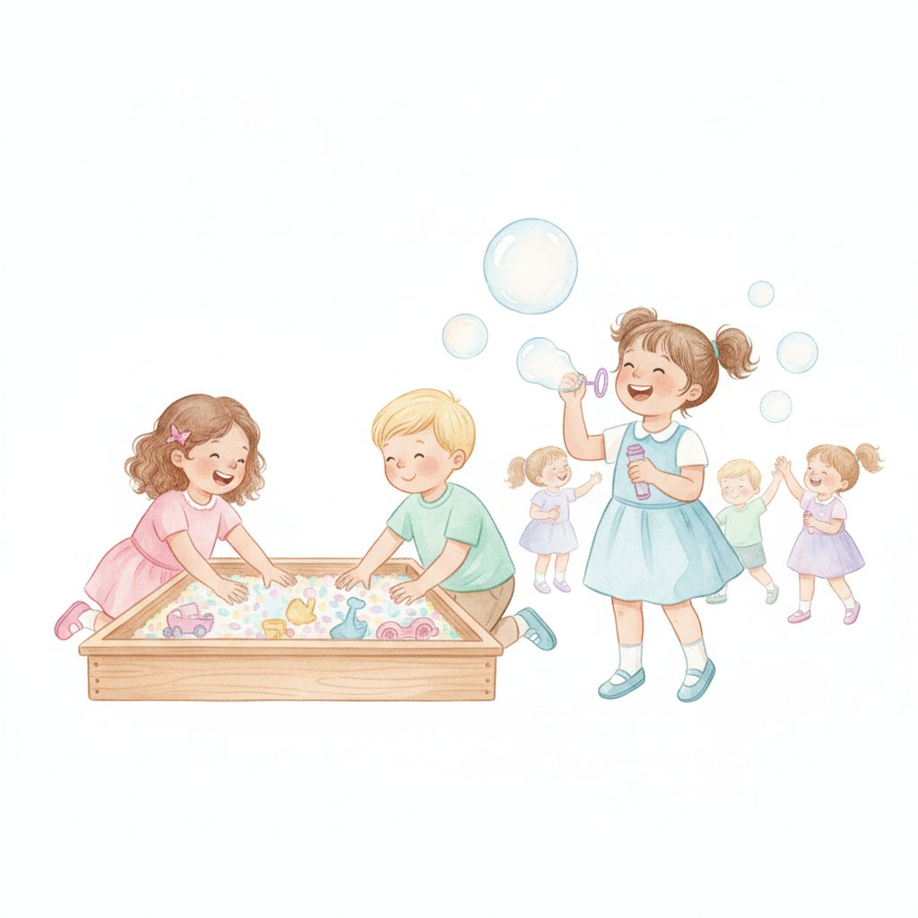 Young children playing at a sensory bin and blowing bubbles at a party