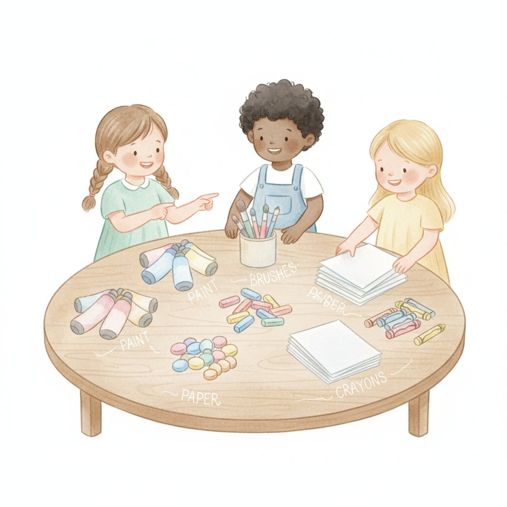 Children sorting art supplies into category piles on a table