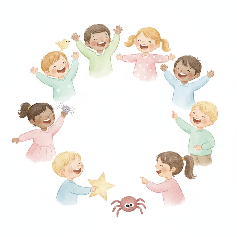 Watercolor illustration of a joyful circle of children singing and acting out nursery rhymes with hand motions