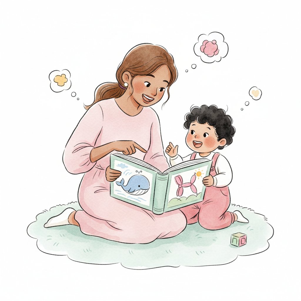 A parent and child reading a picture book together, talking about new words